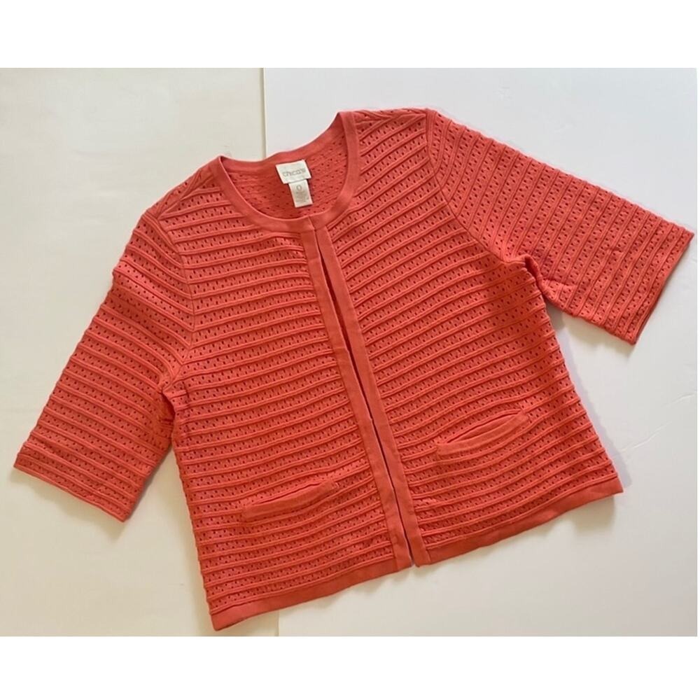 Chicos Coral Orange Crochet Knit Open Front 3/4 Sleeve Cardigan Sweater Top‎ 0/S